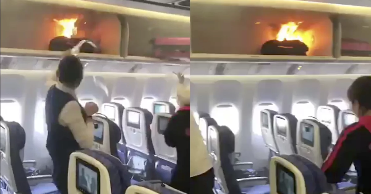 В самолете на багажной полке загорелась ручная кладь  (видео)